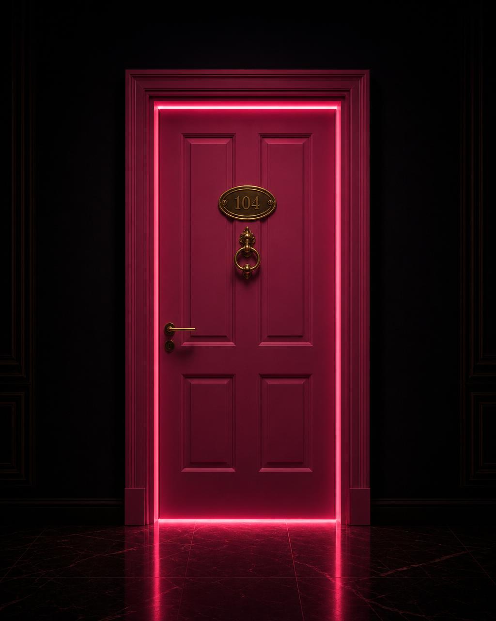 A glowing pink door in a pitch black room